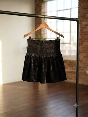 Zara Black Smocked Velvet Mini Skirt Size Medium